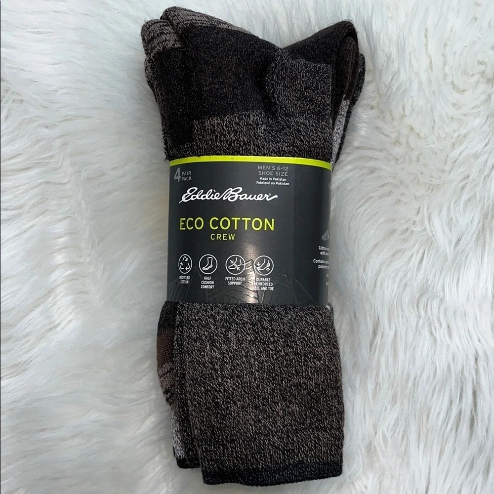 🆕 Eddie Bauer ECO Cotton Crew Socks 4 Pair Pack Men’s 6-12 Shoe Size